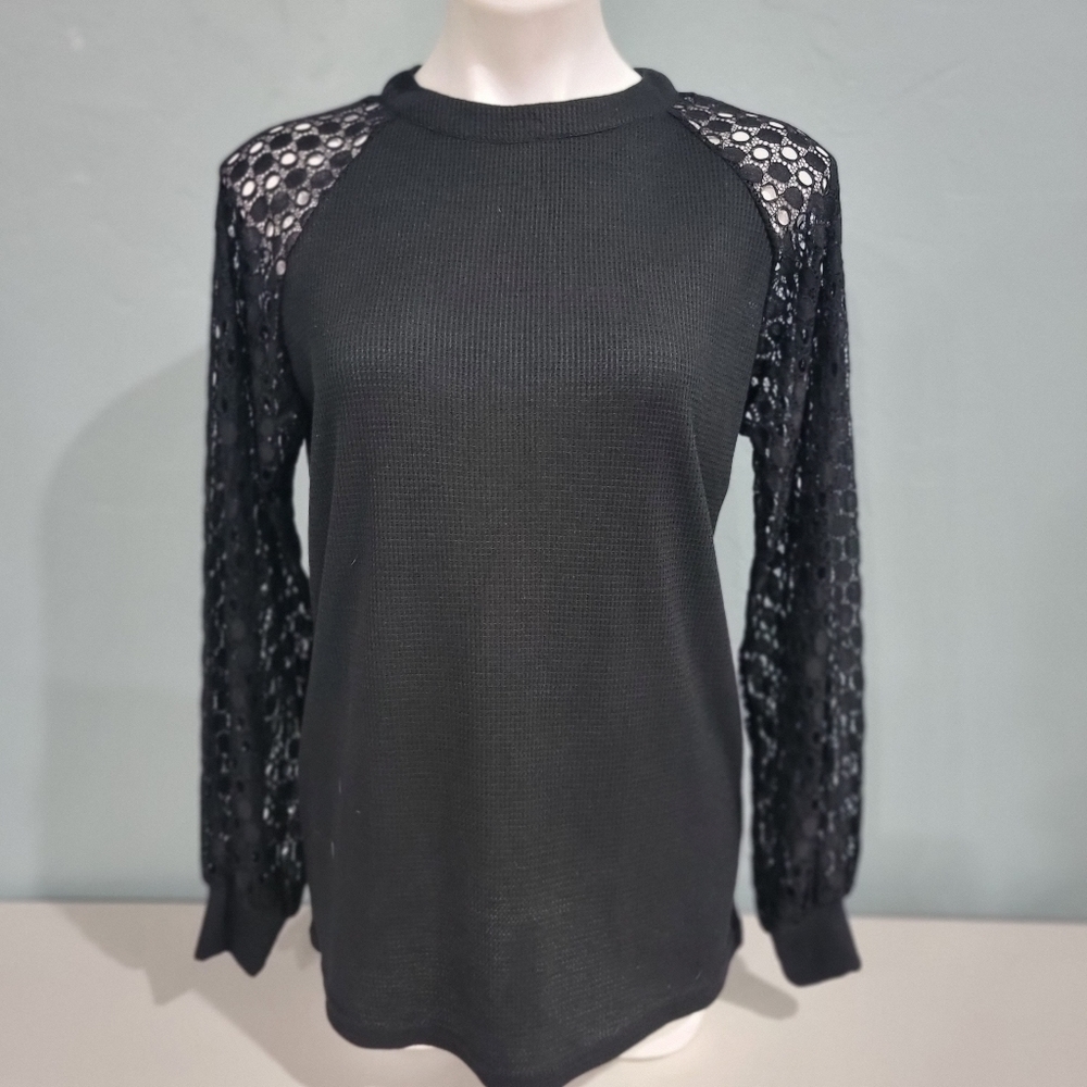 MIHOLL Black Top‎ Long Sleeve M Thermal Waffle Honeycomb Geometrical Lace Zip